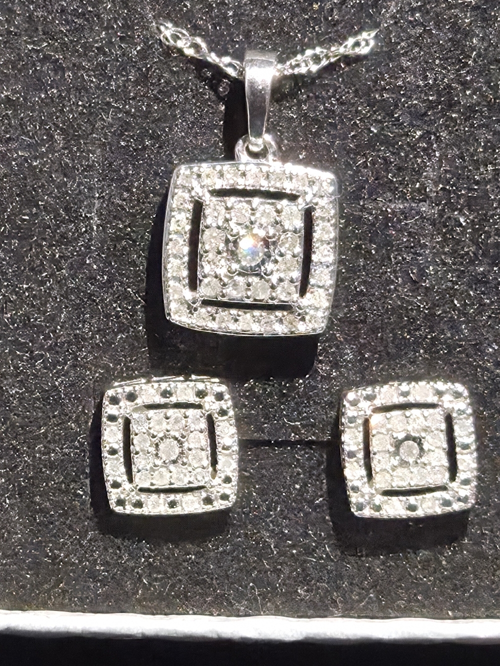 Sterling Silver Square Halo Pendant Necklace and Earrings with Natural Diamonds